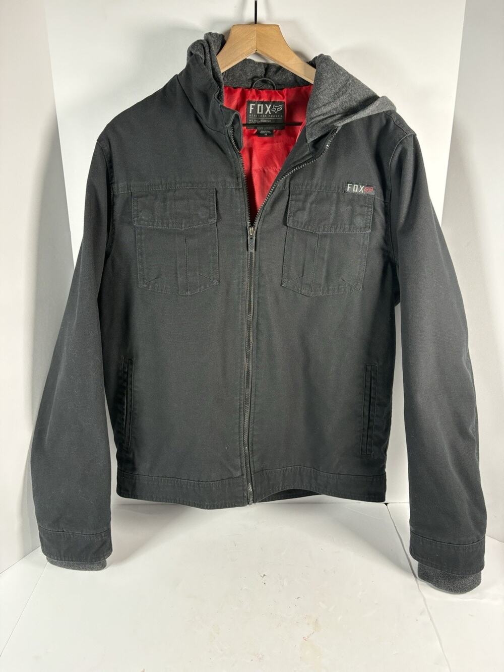 Fox Racing Heritage Forged Jacket Men M Black Hooded Quilted Lined Workwear Moto